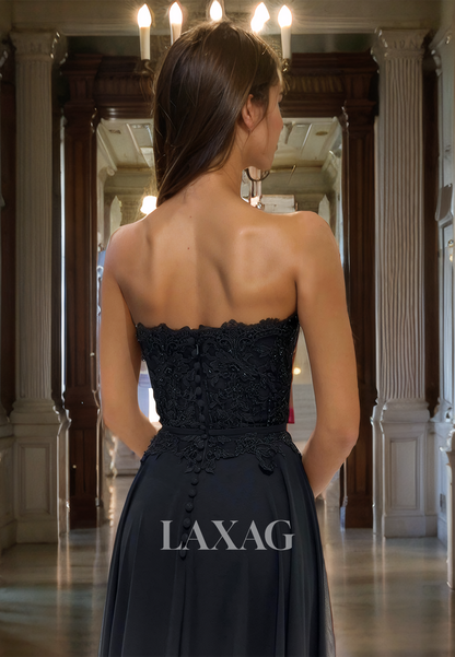 16707 - Strapless Lace Appliques Black Prom Dress with Slit