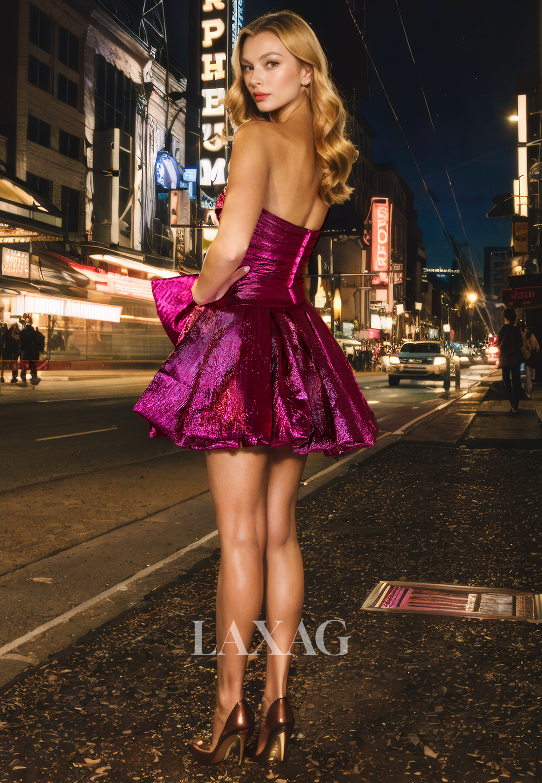 A-Line Strapless Metallic Elegant Party Homecoming Dress with Bow Detail