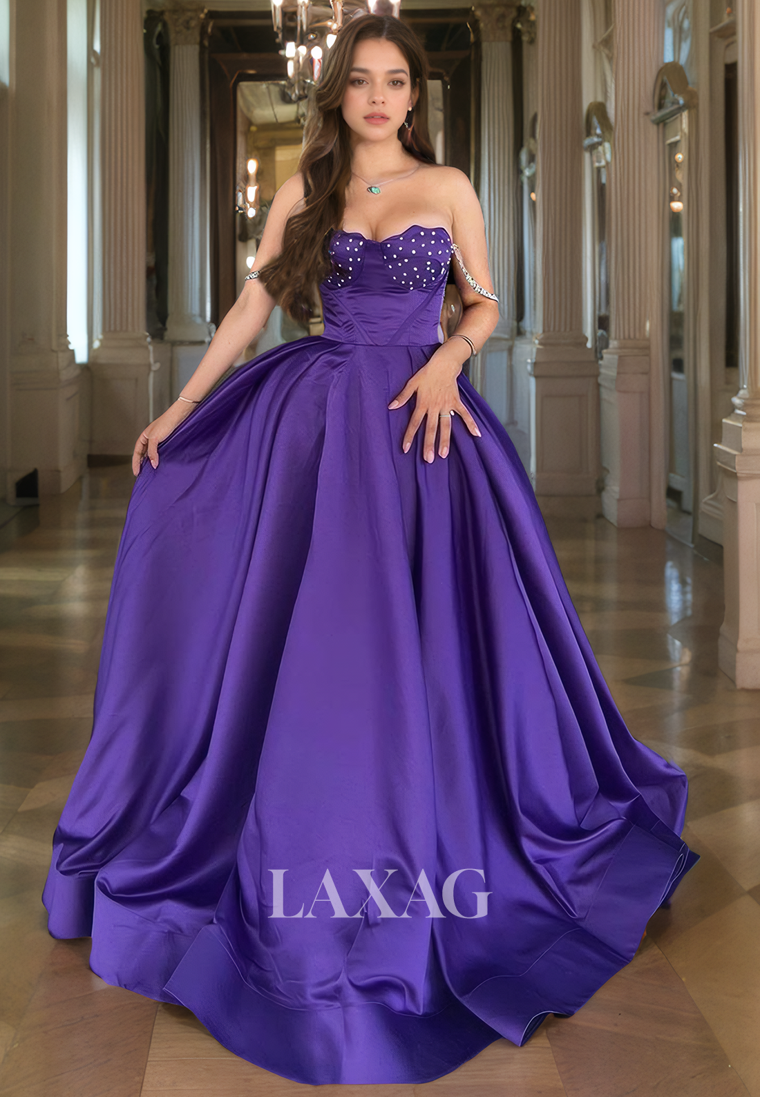 22067 - A Line Sweetheart Beads Long Satin Formal Prom Dress