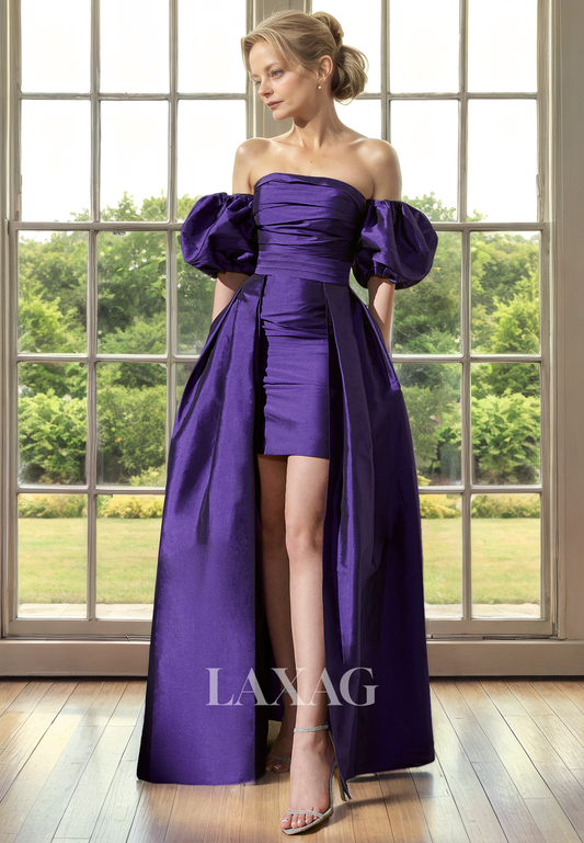 A-Line Strapless Off Shoulder Sleek Satin Mother of the Bride Dress with Train