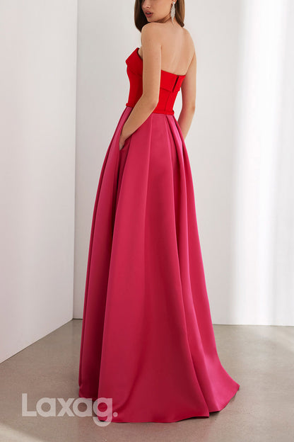 22885 - A-Line Strapless Paneled Sleek Satin Cocktail Party Formal Evening Dress