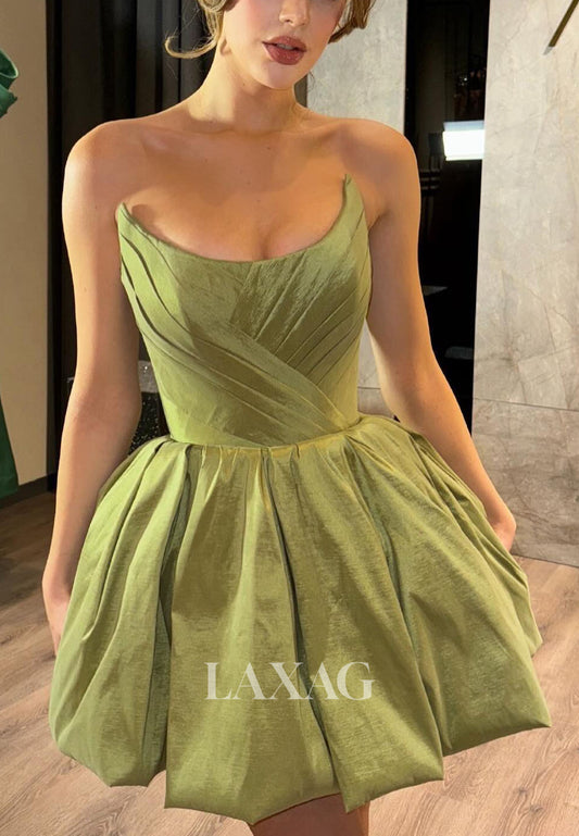 23150 - A-Line Strapless Pleated Sleek Satin Elegant Party Homecoming Dress