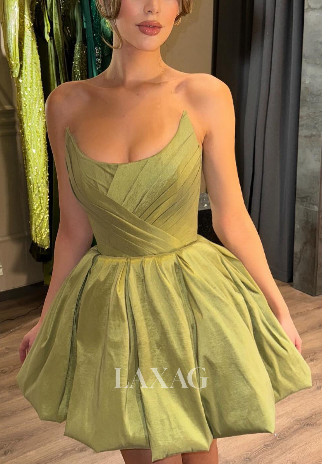 23150 - A-Line Strapless Pleated Sleek Satin Elegant Party Homecoming Dress