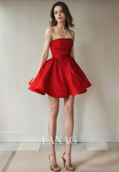 A-Line Strapless Pleated Sleek Satin Elegant Party Homecoming Dress