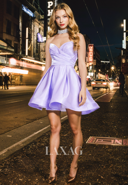 A-Line Strapless Pleated Sleek Satin Elegant Party Homecoming Dress