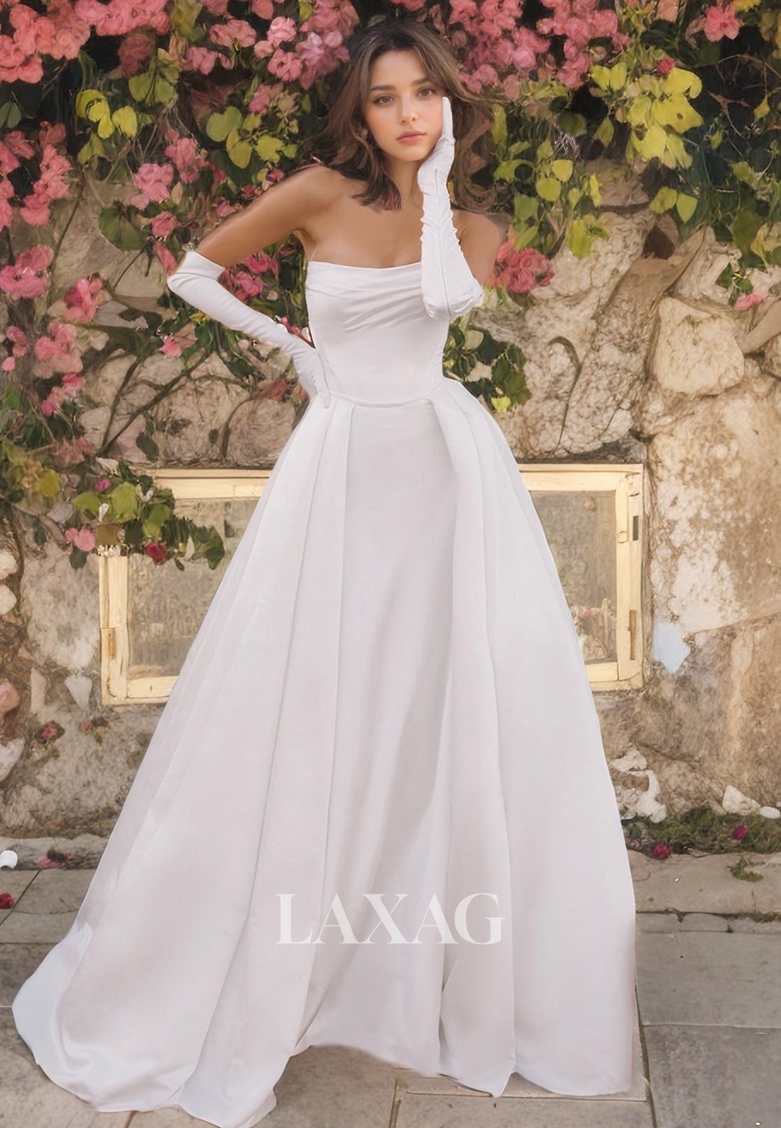 A-Line Strapless Pleated Sleek Satin Elegant Wedding Dress with Train