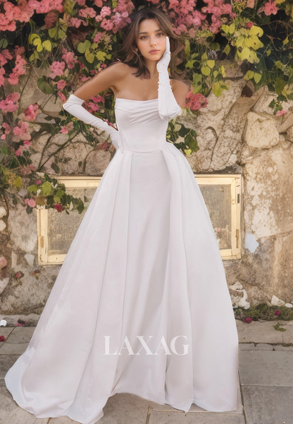 A-Line Strapless Pleated Sleek Satin Elegant Wedding Dress with Train