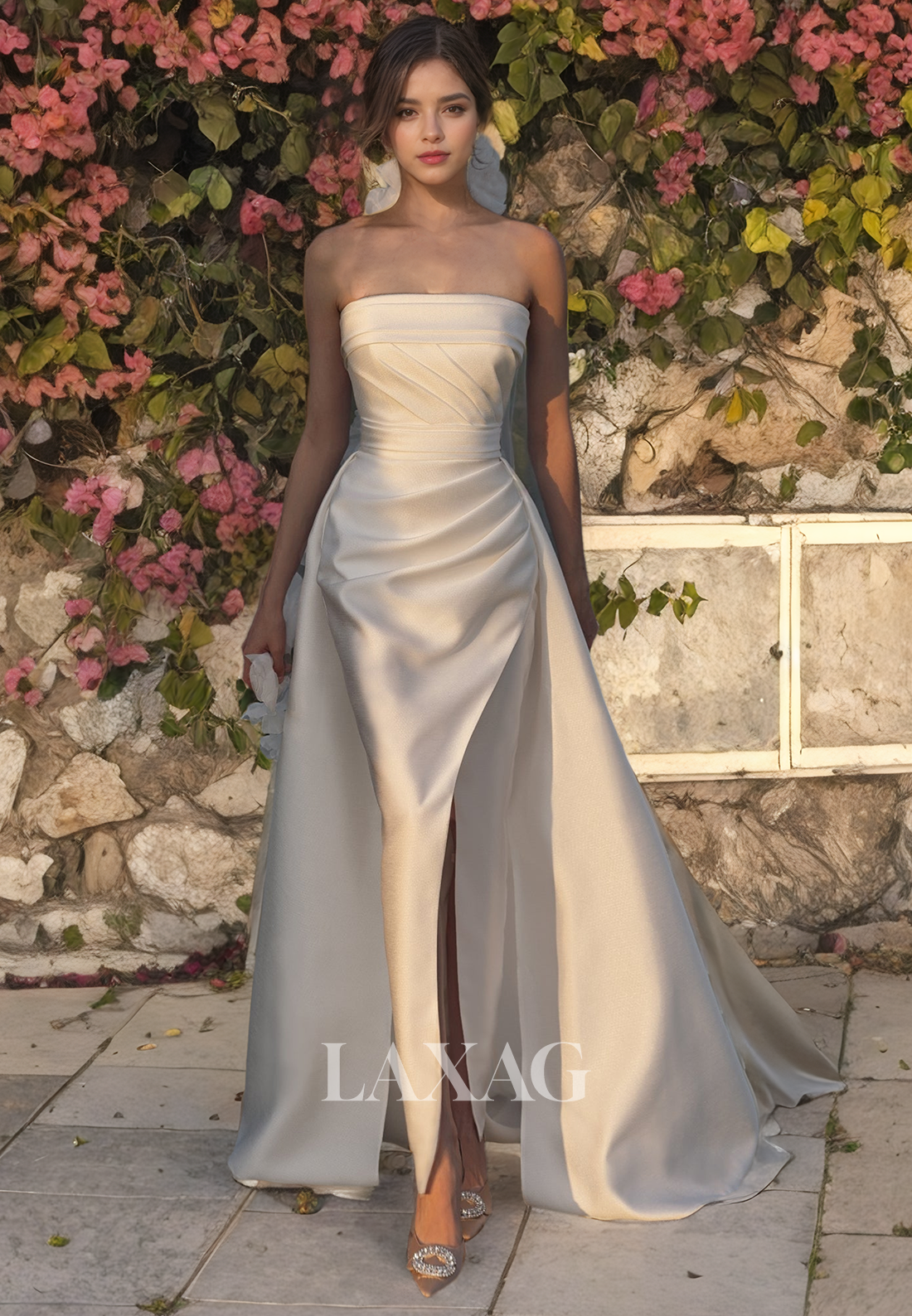 A-Line Strapless Pleated Sleek Satin High Slit Wedding Dress with Train