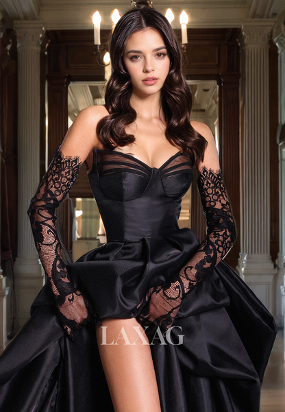 21793 - Sweetheart Thigh Slit Sheath Black Satin Prom Dress With Lace Gloves