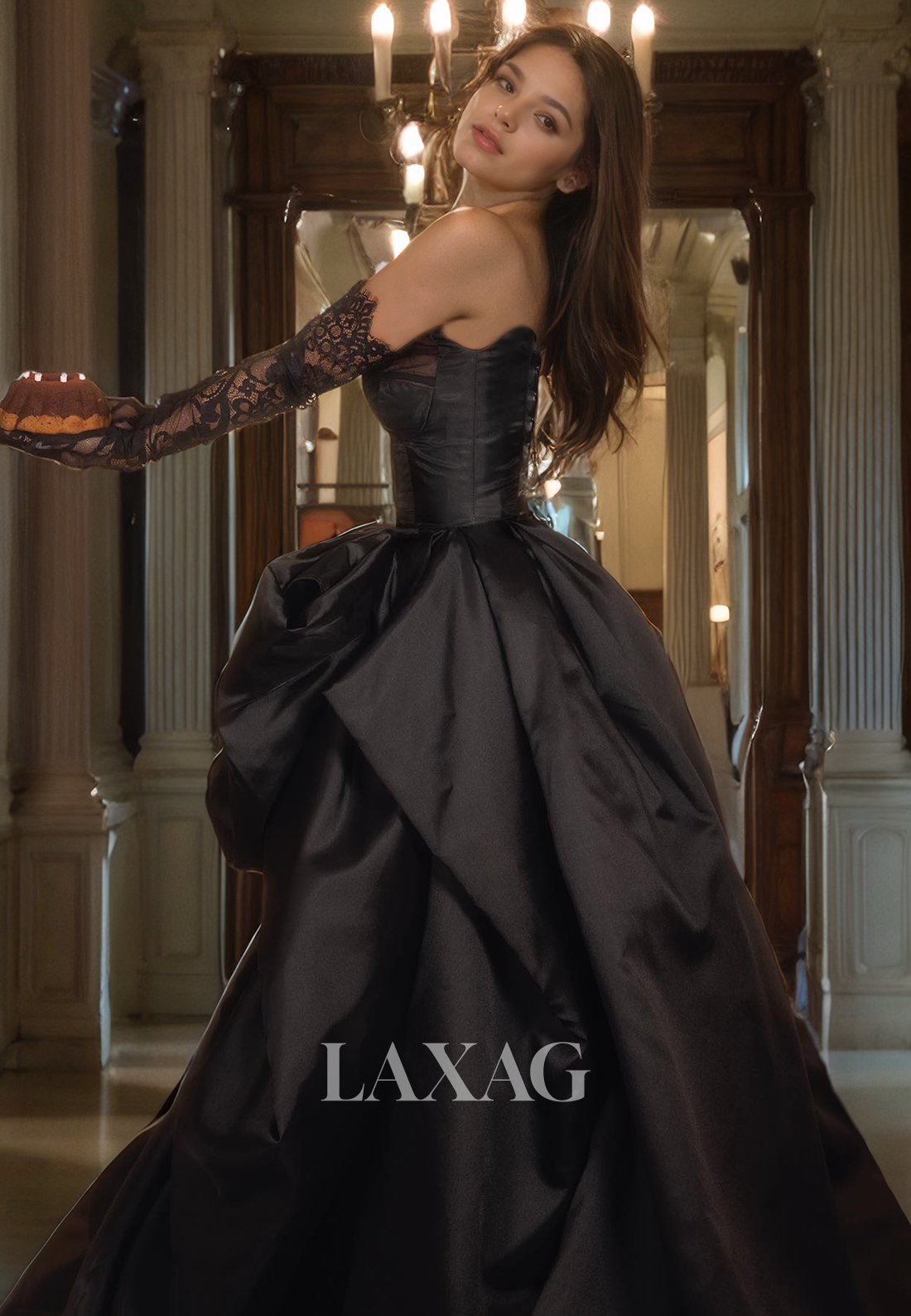 21793 - Sweetheart Thigh Slit Sheath Black Satin Prom Dress With Lace Gloves