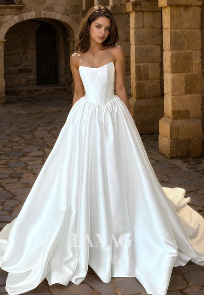 23027 - A-Line Strapless Pleated Sleek Satin Elegant Wedding Dress with Train