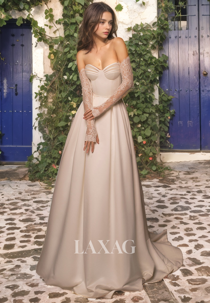 A-Line Strapless Sleek Satin Elegant Wedding Dress with Train