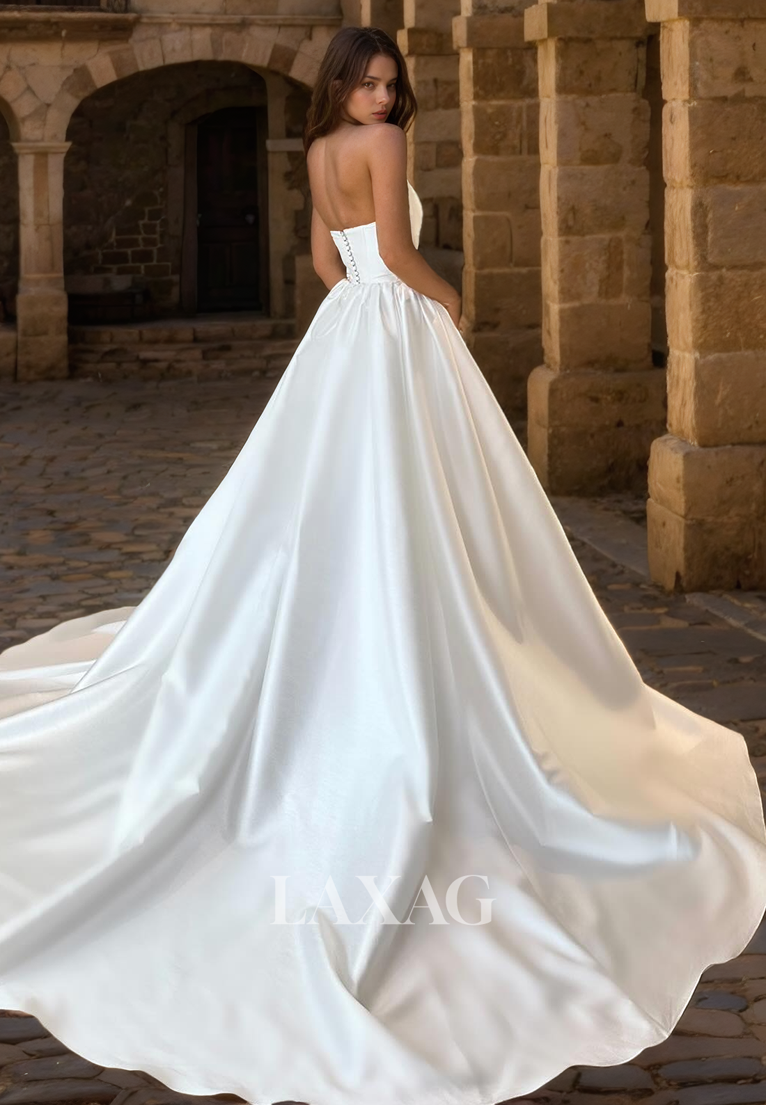 23027 - A-Line Strapless Pleated Sleek Satin Elegant Wedding Dress with Train