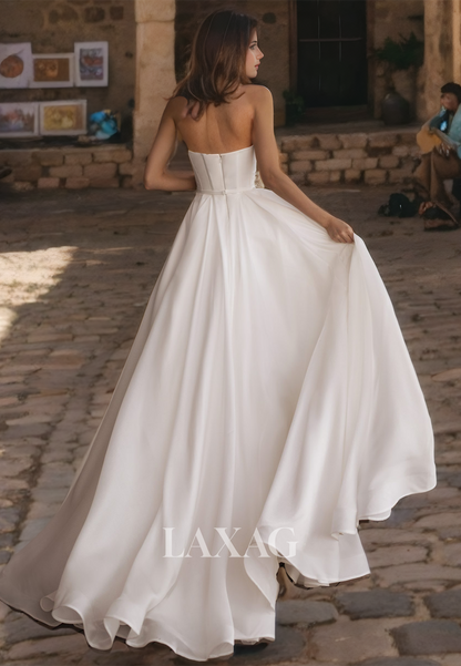 A-Line Strapless Sleek Satin Elegant Wedding Dress with Train