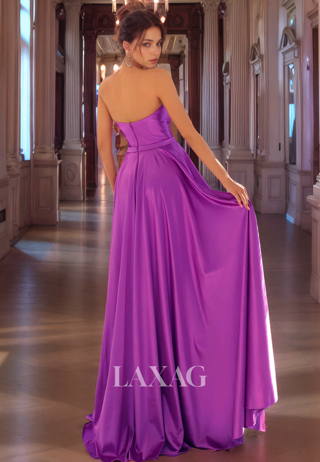 A-Line Strapless Sleek Satin Party Prom Formal Evening Dress with Train