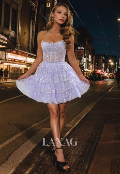 A-Line Strapless Tiered Tulle Sequins Elegant Party Homecoming Dress