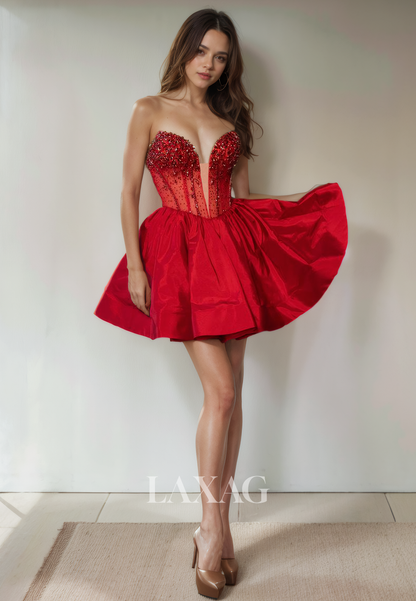 A-Line Strapless Tulle Beaded Sleek Satin Elegant Party Homecoming Dress