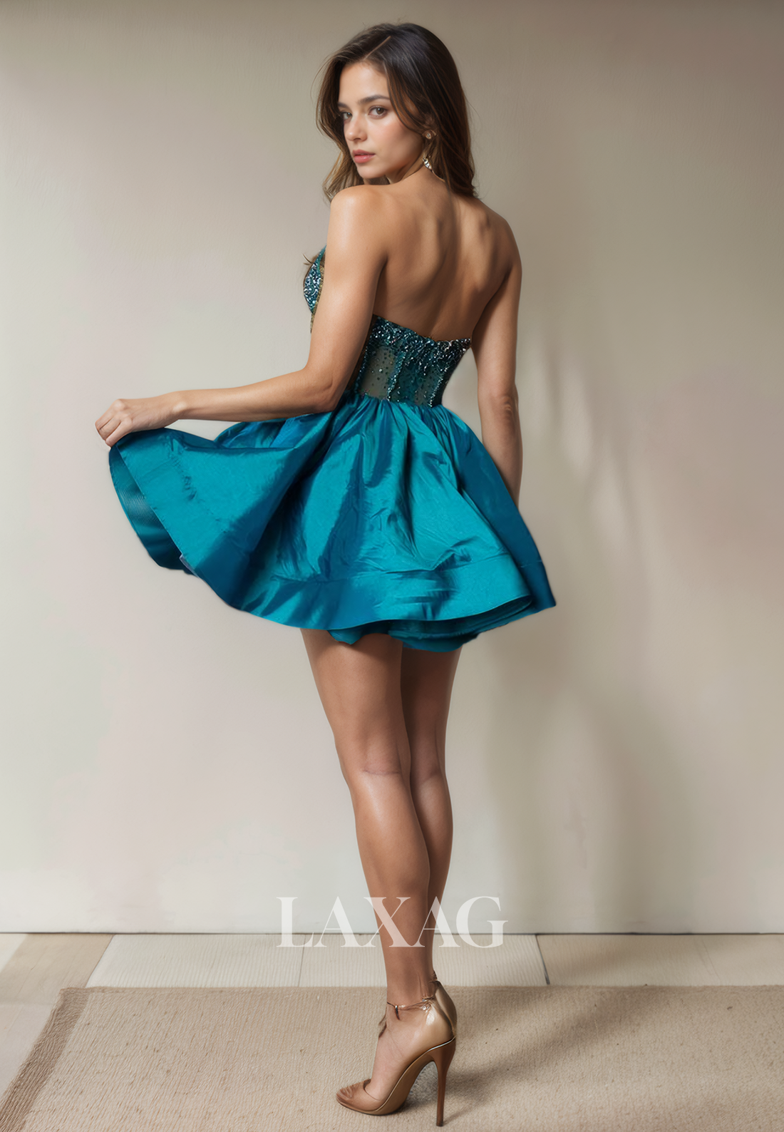 A-Line Strapless Tulle Beaded Sleek Satin Elegant Party Homecoming Dress