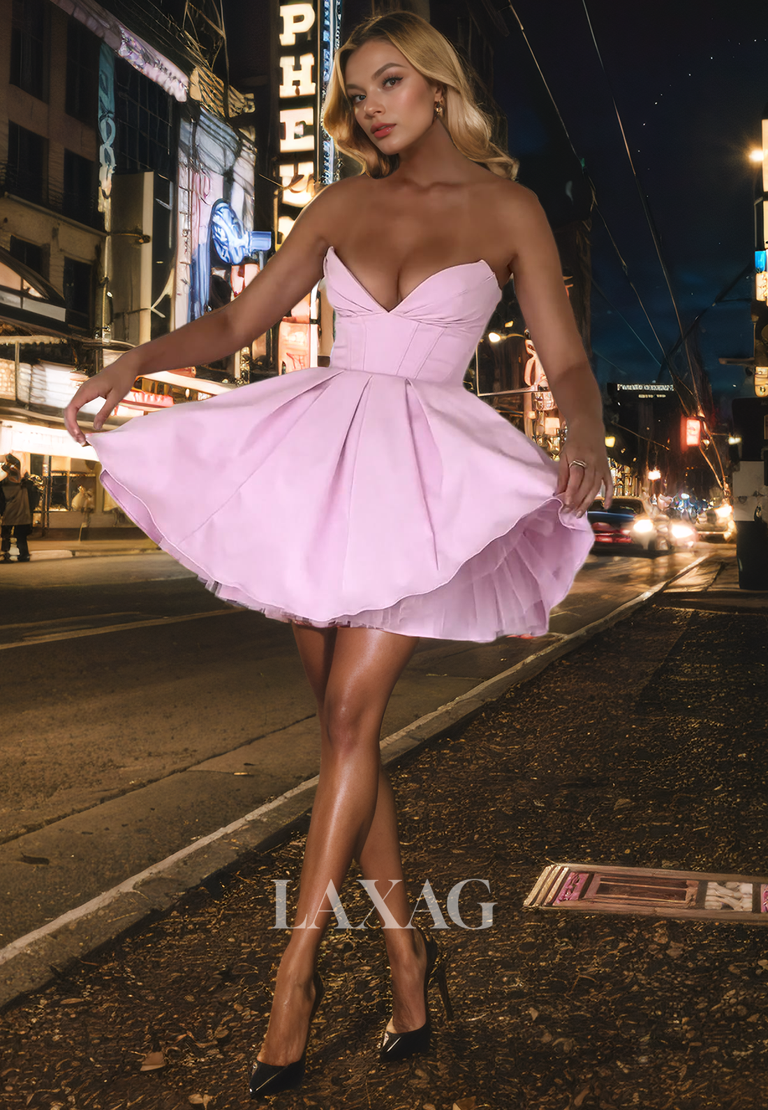 A-Line Strapless Tulle Sleek Satin Elegant Party Homecoming Dress