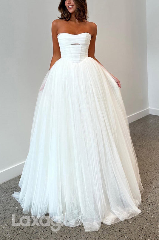 22873 - A-Line Strapless Tulle Sleek Satin Elegant Wedding Dress with Train