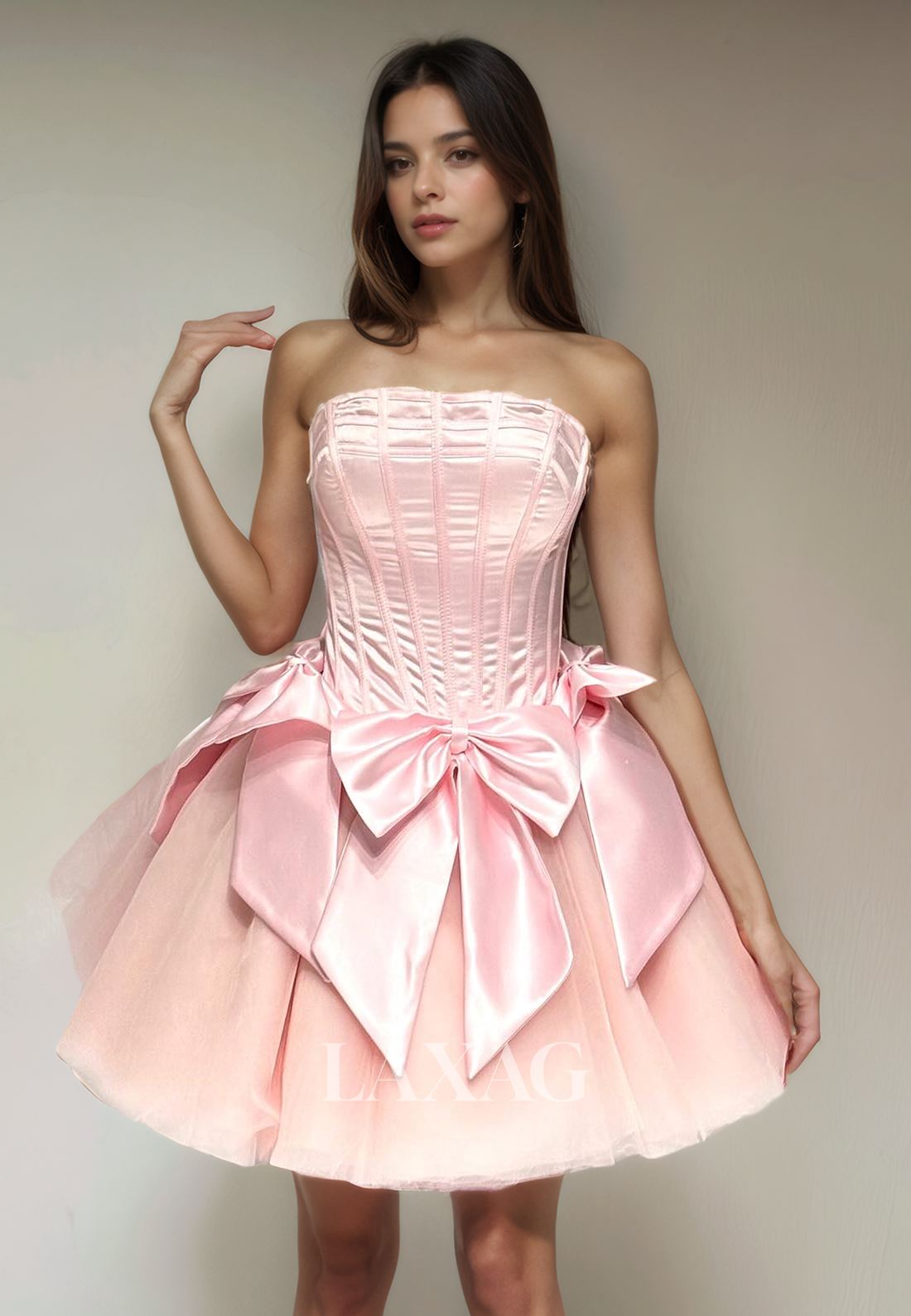 A-Line Strapless Tulle Sleek Satin Party Homecoming Dress with Bow Detail