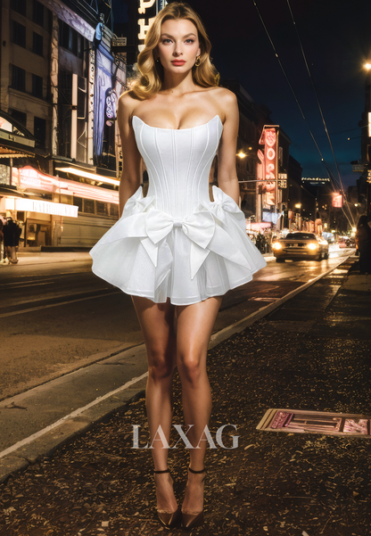 A-Line Strapless Tulle Sleek Satin Party Homecoming Dress with Bow Detail