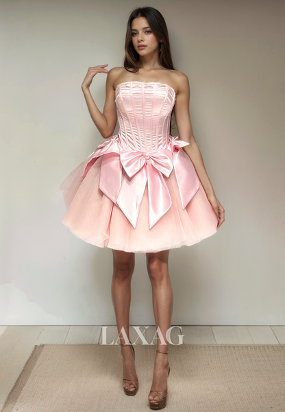 A-Line Strapless Tulle Sleek Satin Party Homecoming Dress with Bow Detail