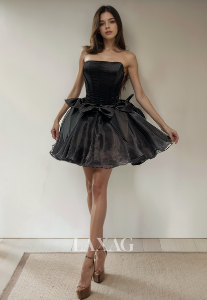 A-Line Strapless Tulle Sleek Satin Party Homecoming Dress with Bow Detail