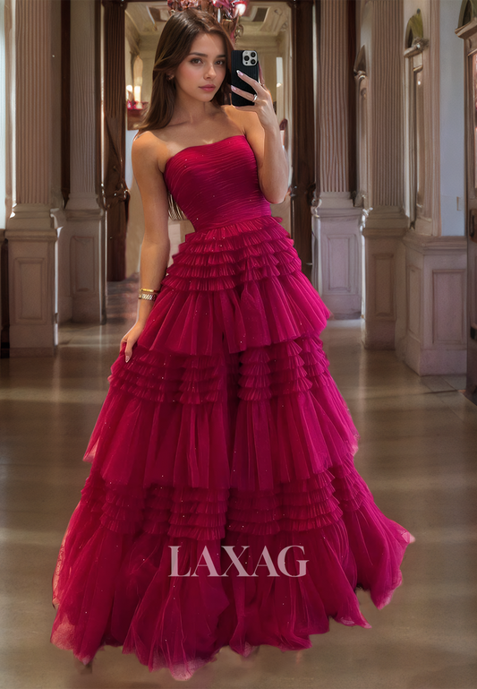 A-Line Strapless Tulle Tiered Elegant Party Prom Formal Evening Dress