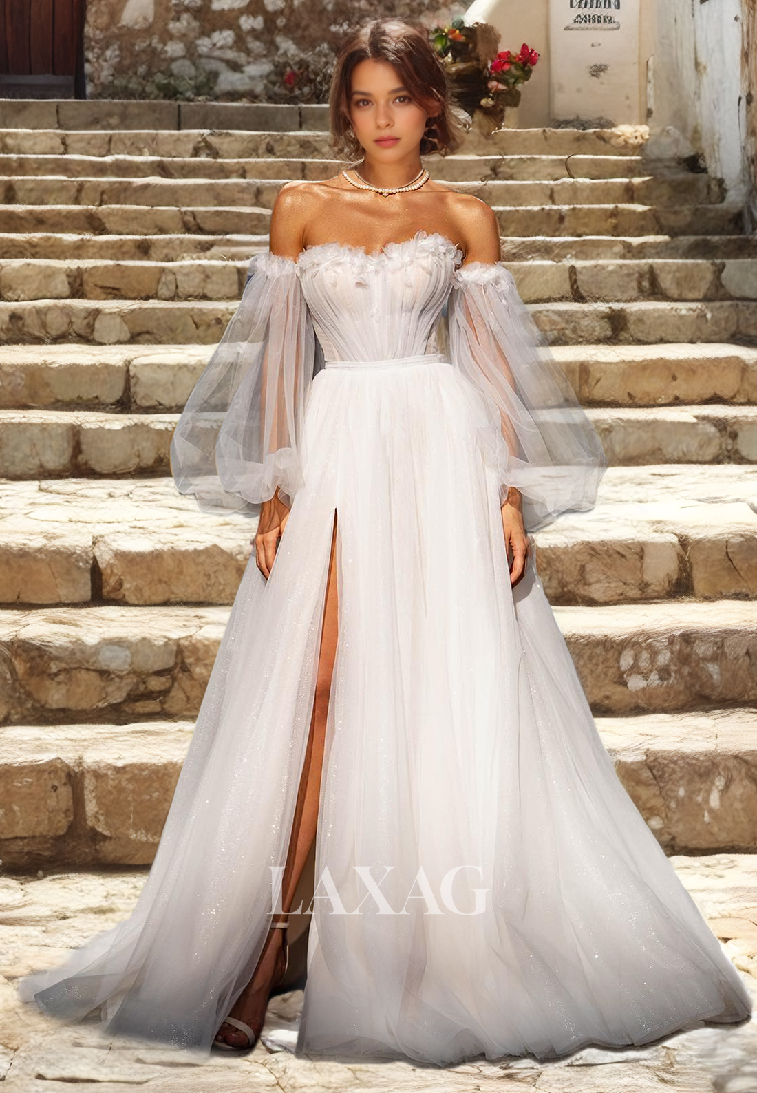 A-Line Strapless Tulle illsuion High Slit Elegant Wedding Dress with Train