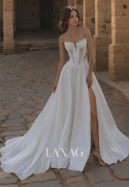 A-Line Strapless illsuion High Slit Sleek Satin Wedding Dress with Train