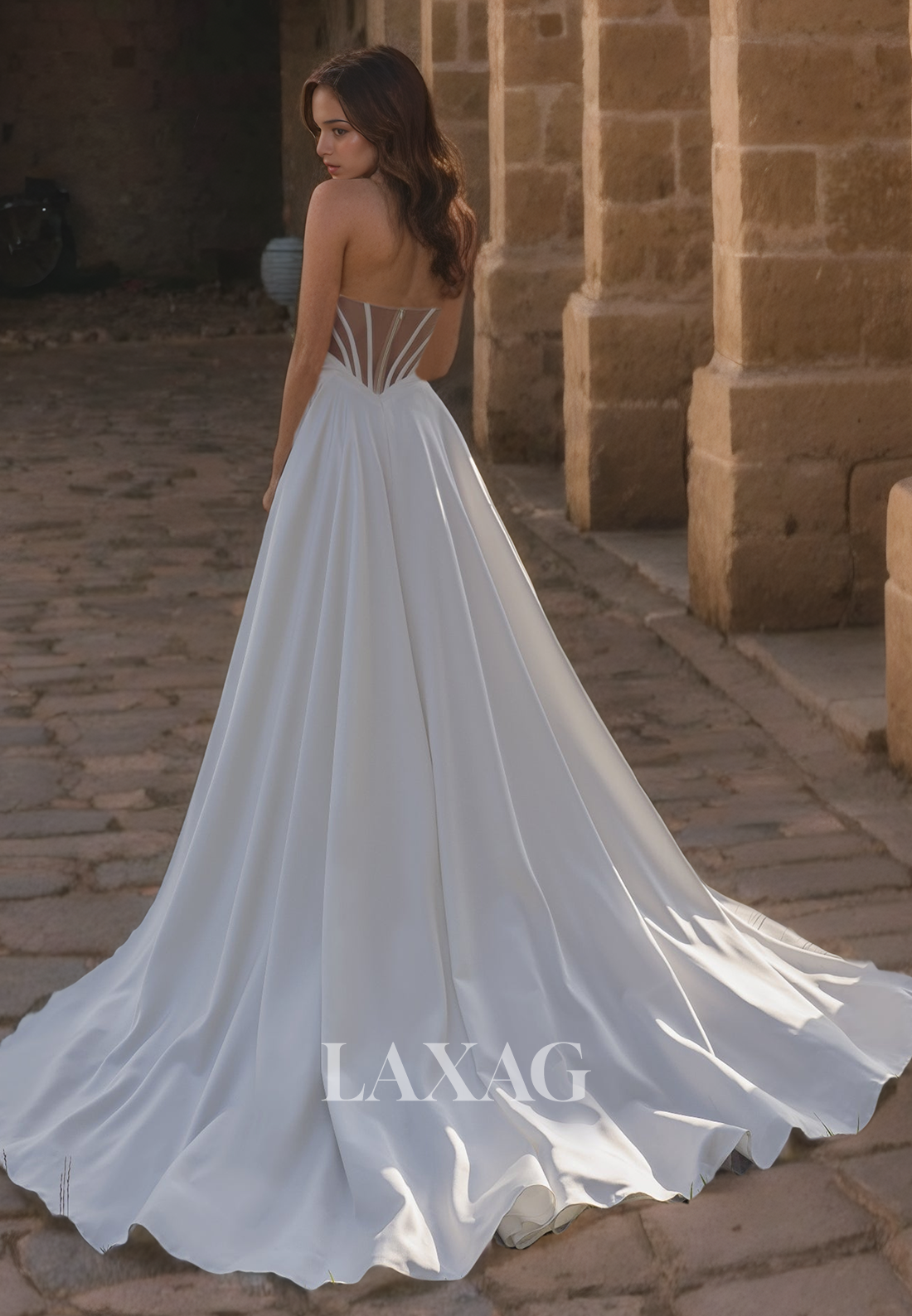 A-Line Strapless illsuion High Slit Sleek Satin Wedding Dress with Train