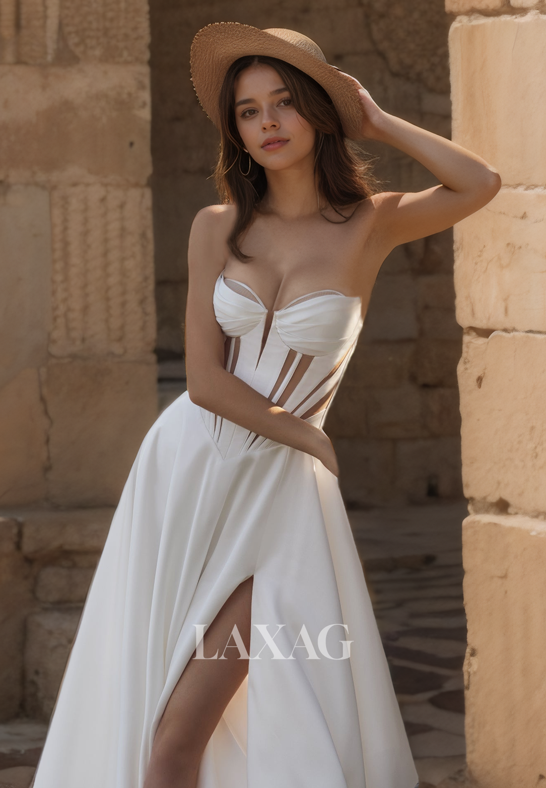 A-Line Strapless illsuion High Slit Sleek Satin Wedding Dress with Train