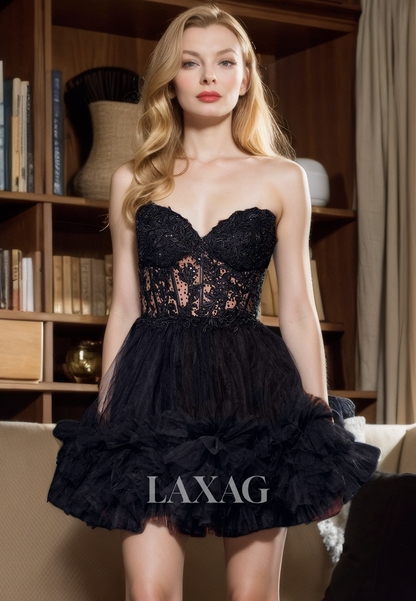 A-Line Strapless illusion Lace Appliques Sequins Party Homecoming Dress