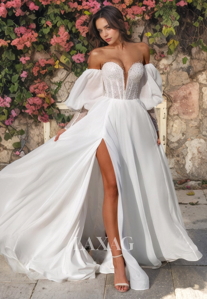 A-Line Straplesss Glitter High Slit Sleek Satin Elegant Wedding Dress with Train