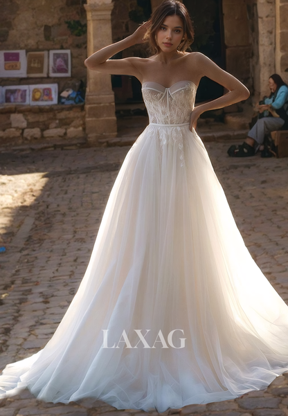 A-Line Straplesss Glitter Tulle Sequins Elegant Wedding Dress with Train