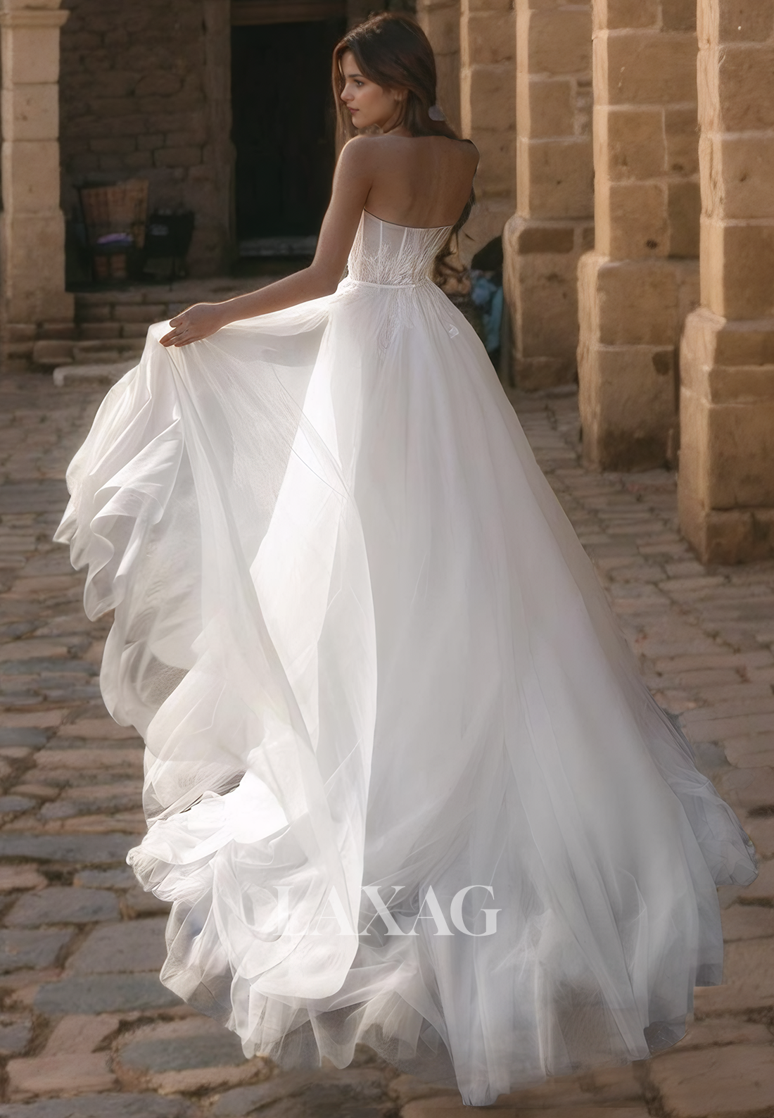 A-Line Straplesss Glitter Tulle Sequins Elegant Wedding Dress with Train