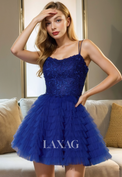 A-Line Straps Backless Appliques Tulle Tiered Party Homecoming Dress