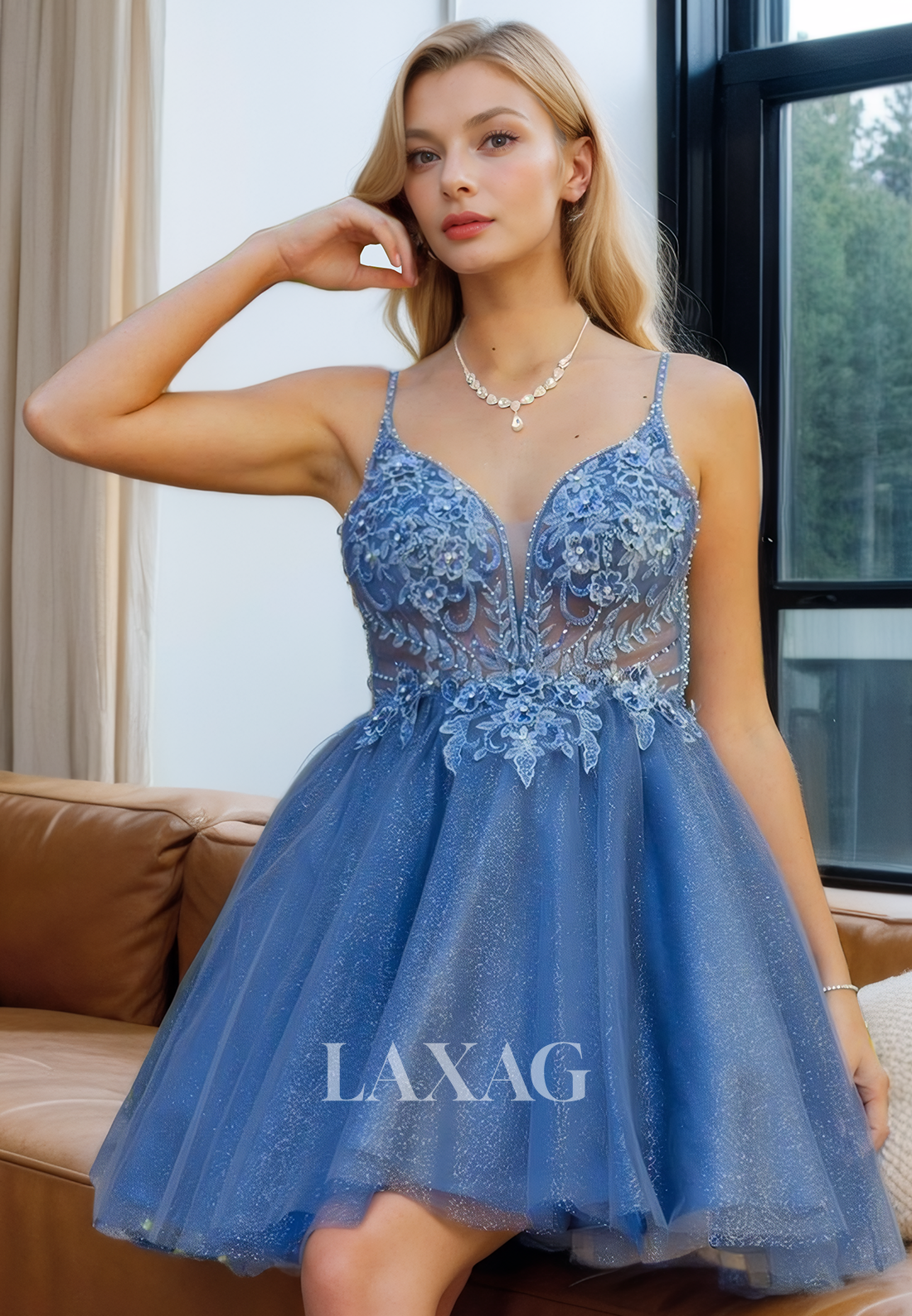 A-Line Straps Backless Glitter Tulle Appliques Beaded Party Homecoming Dress