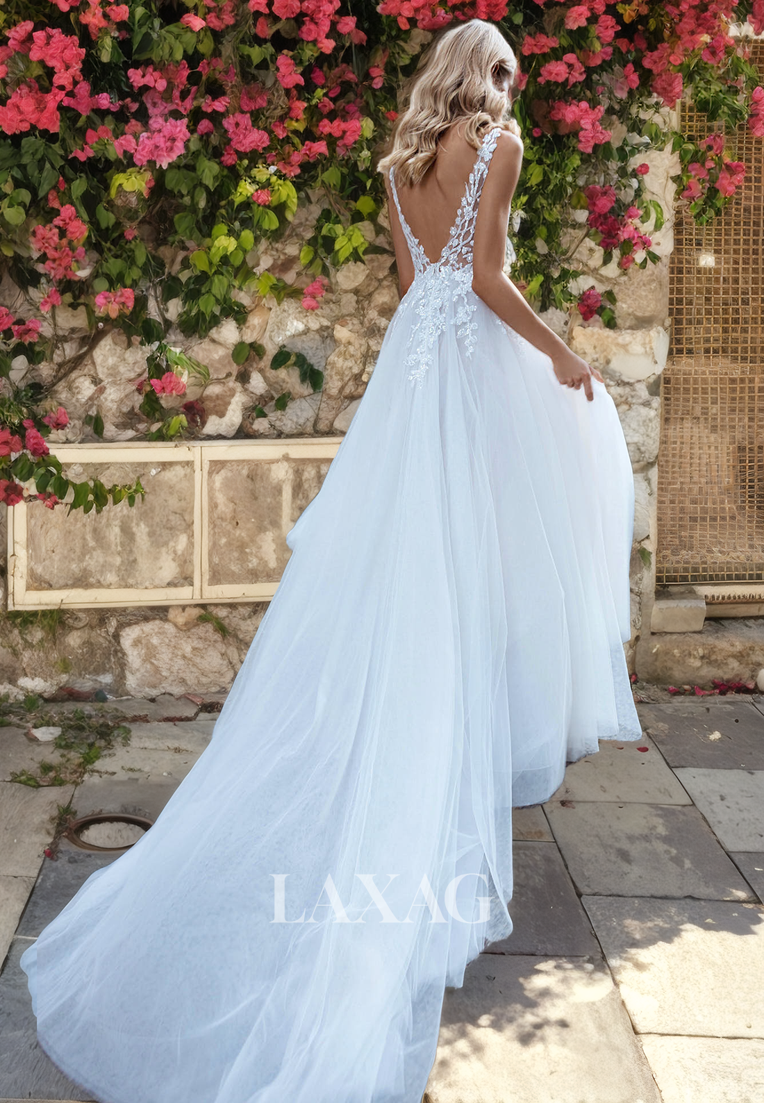 A-Line Straps Backless Sequins Tulle High Slit Wedding Dress with Train