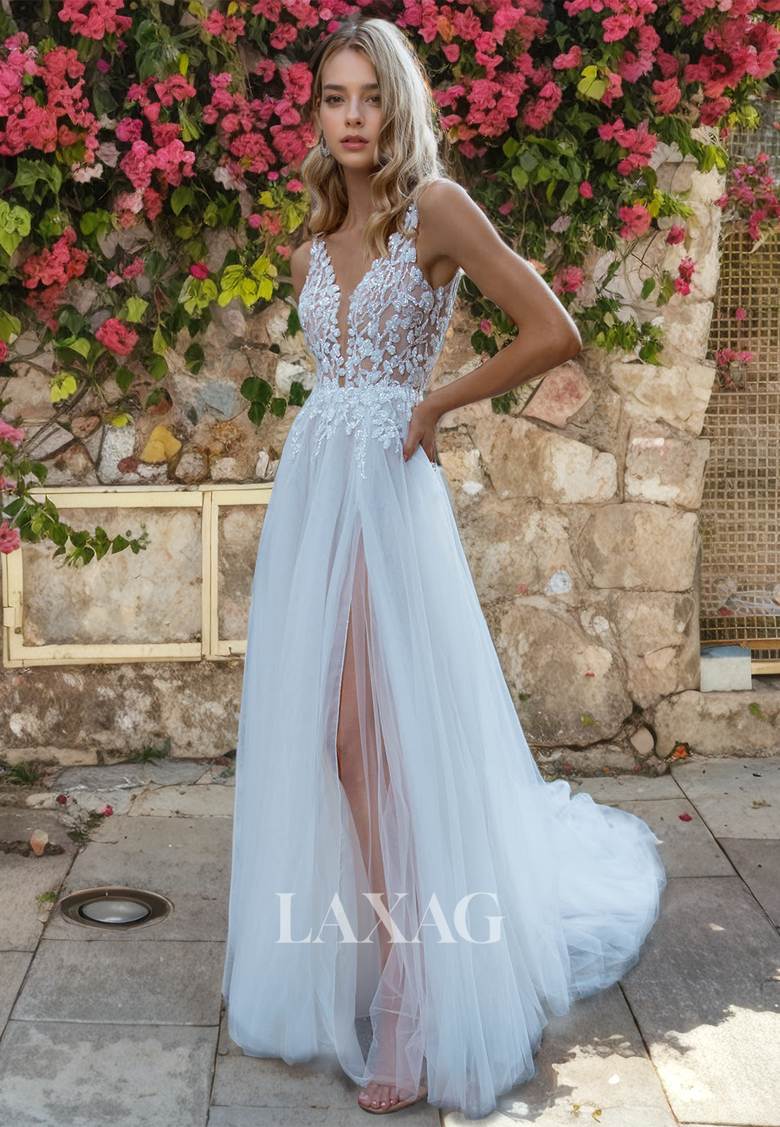 A-Line Straps Backless Sequins Tulle High Slit Wedding Dress with Train