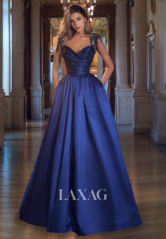 A-Line Straps Beaded Pleated Sleek Satin Party Prom Formal Evening Dress