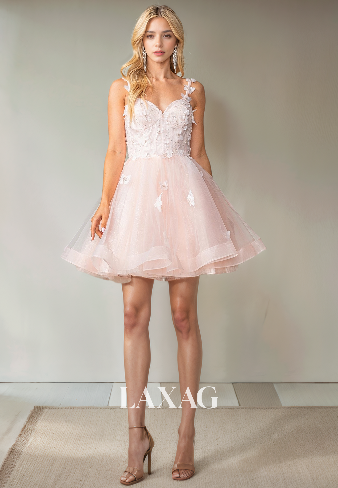 A-Line Straps Floral Embossed Tulle Beaded Elegant Party Homecoming Dress