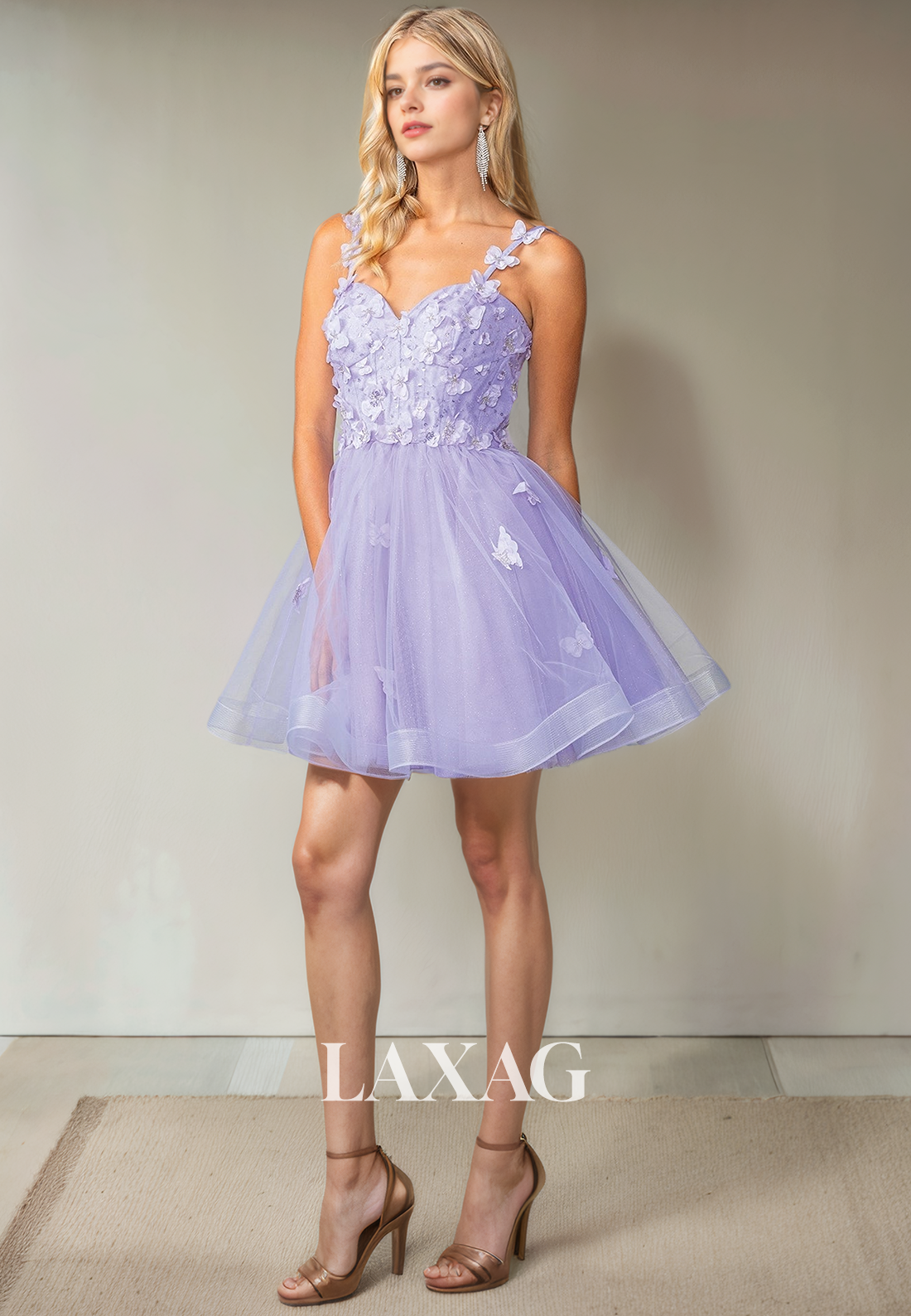 A-Line Straps Floral Embossed Tulle Beaded Elegant Party Homecoming Dress