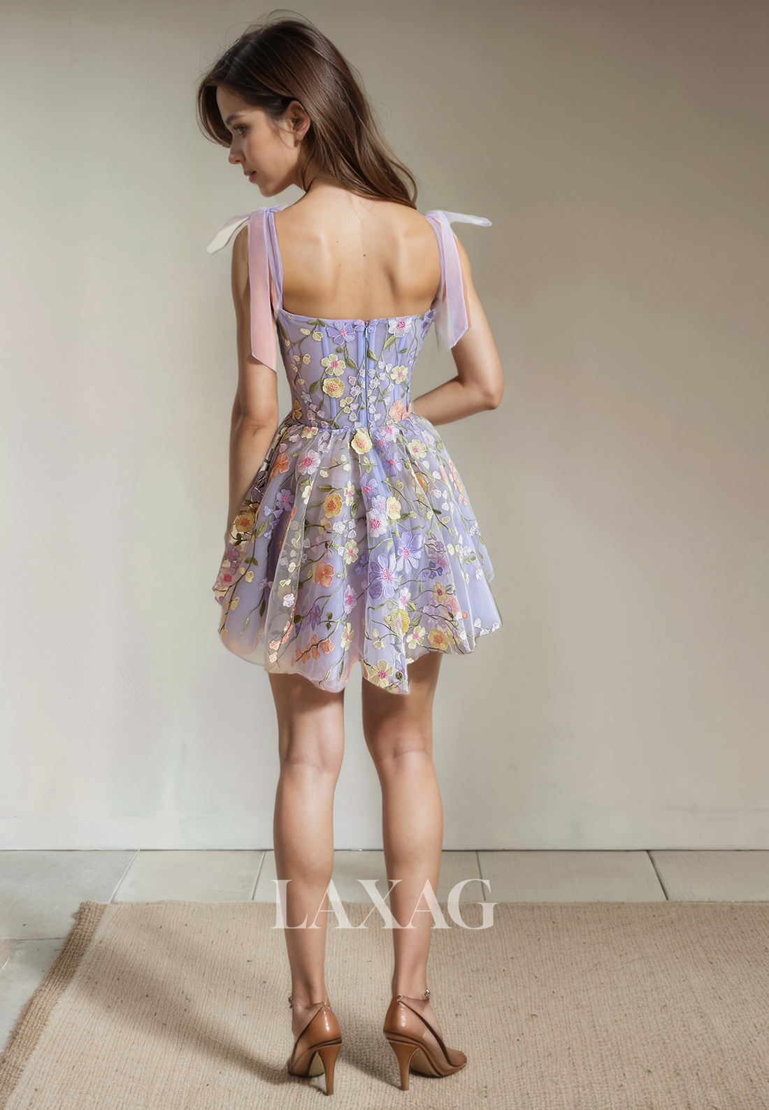 A-Line Straps Floral Embossed Tulle Elegant Party Homecoming Dress