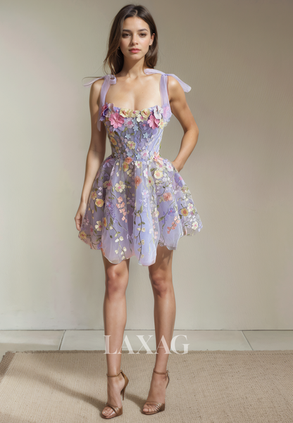 A-Line Straps Floral Embossed Tulle Elegant Party Homecoming Dress