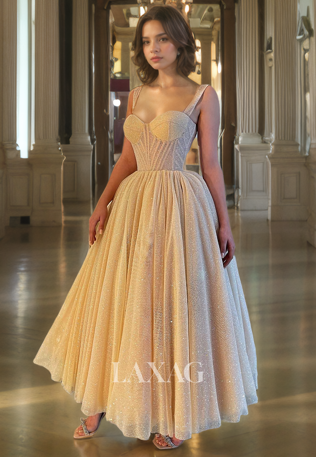 Sweetheart Straps Sleeveless Glitter-Knit A-Line Prom Dress Ankle-Leng Laxag Sweetheart Straps Sleeveless Glitter-Knit A-Line Prom Dress Ankle-Leng Laxag
