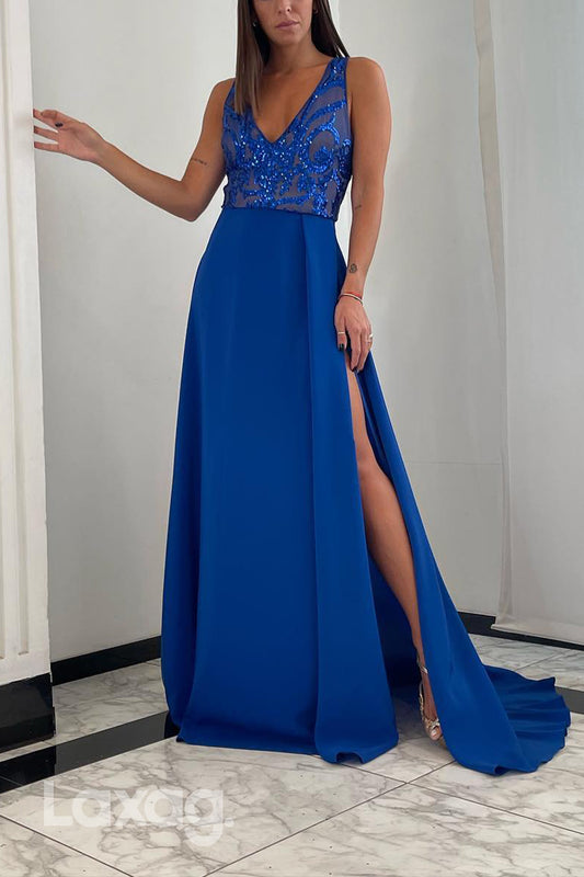 22697 - A-Line Straps V-Neck Sequins High Slit Party Prom Formal Evening Dress