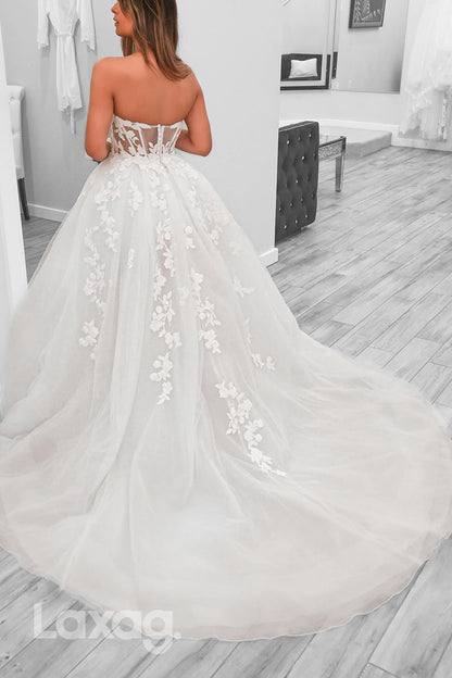 22718 - A-Line Sweetheart Appliques High Slit Wedding Dress with Train