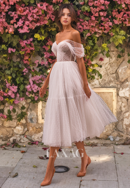 A-Line Sweetheart Off Shoulder Tulle Glitter Elegant Wedding Dress